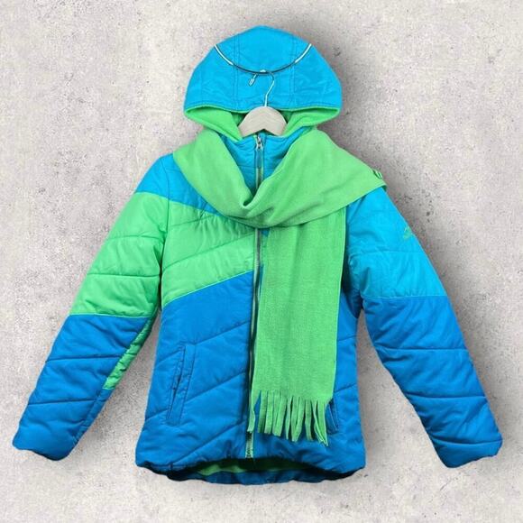 Pacific Trail Winter Puffer Coat Scarf Girls XL 16 Color Block Bright Blue Green - Picture 1 of 8